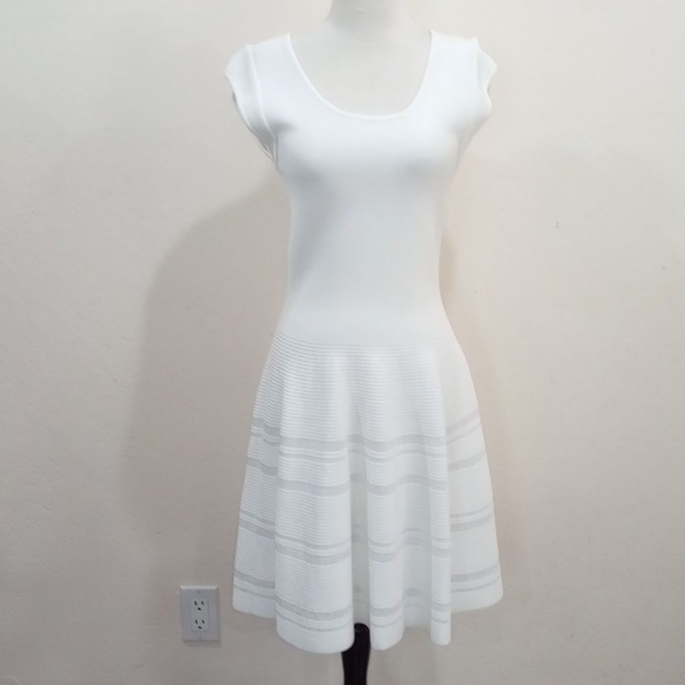 Azadeh Couture  White Stretch Knit Fit & Flare Cheysalide Dress, Size S
